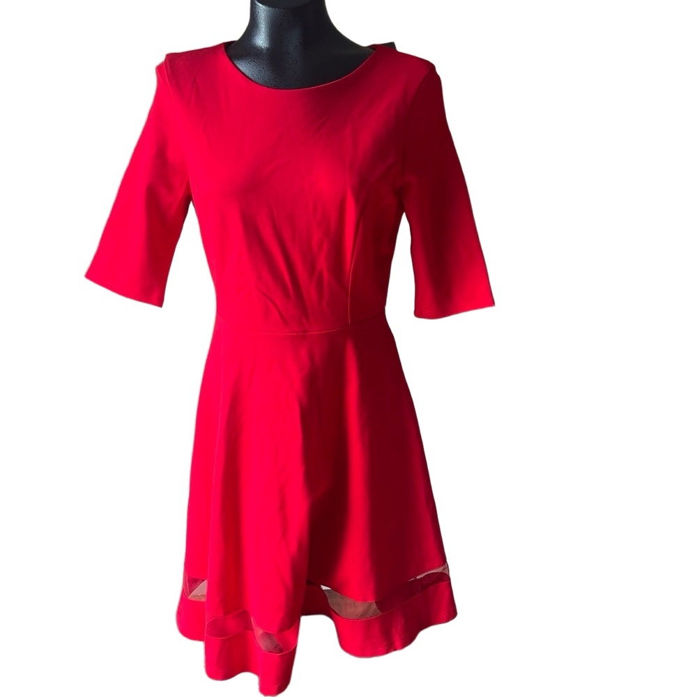 NWT Lulus Dress Womens Medium Red Fit Flare Sheer Hem 3/4 Sleeves Classic Chic